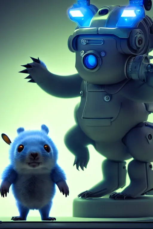 Image similar to high quality 3 d render sci - fi very cute fluffy! wombat!! cyborg soldier with futuristic mechanical parts, cyberpunk monocle!, highly detailed, unreal engine cinematic smooth, in the style of detective pikachu, hannah yata charlie immer, dark blue neon light, low angle, uhd 8 k, sharp focus