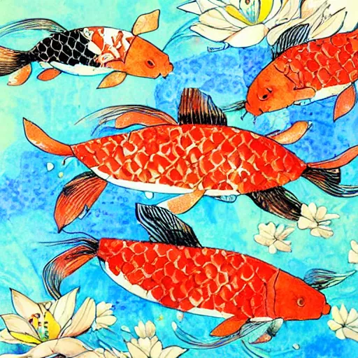 Image similar to some koi carp, swimming in a pool, ink, acrylics, collage, style of lily greenwood