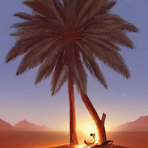 Image similar to “A man sitting under a palm tree by a small fire, reading an ancient scroll, egyptian desert, night, dim light, stars, fantasy, highly detailed, digital painting, artstation, concept art, illustration, art by Greg Rutkowski and Marc Simonetti