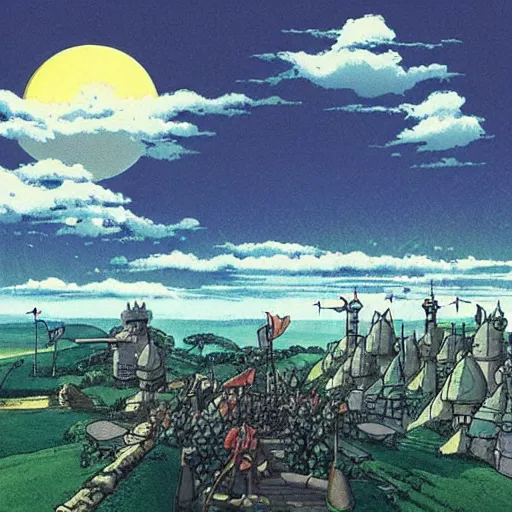 Image similar to “a battlefield, with knights and mages, fantasy, art by studio ghibli”