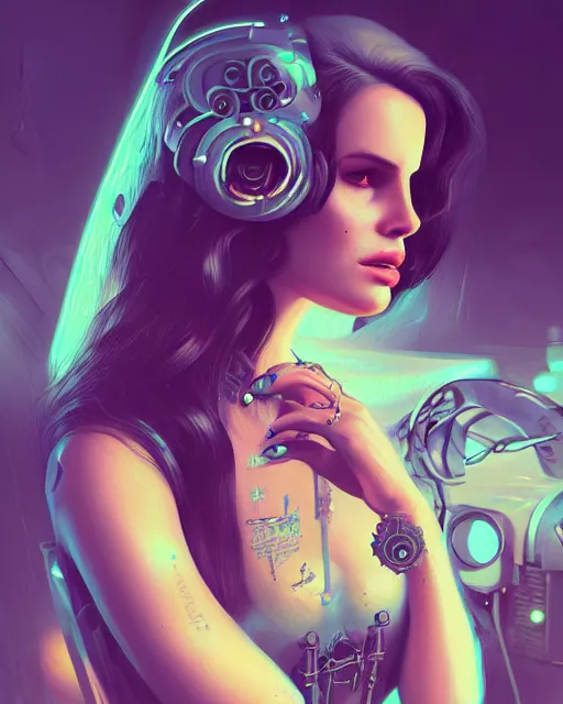 Image similar to portrait of lana del rey as a cyberpunk cyborg. intricate abstract. intricate artwork, tear drops, roses, crucifix, by tooth wu, wlop, beeple, dan mumford. concept art, octane render, trending on artstation, greg rutkowski, symmetrical, cinematic, key art, hyper realism, iridescent accents