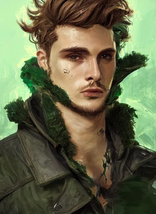 Image similar to a highly detailed illustration of young thick wavy messy haired guy wearing mechanical green face mask and brown noir coat, clean shaven, dramatic bored expression, intricate, elegant, highly detailed, centered, digital painting, artstation, concept art, smooth, sharp focus, league of legends concept art, wlop