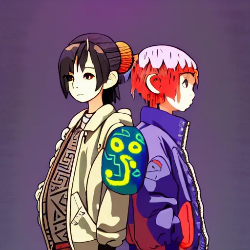 Image similar to majora majora's mask wearing oversized mayan bomber jacket with overalls, bulky poofy bomber jacket with mayan patterns, aztec street fashion, genshin impact art style, gapmoe yandere grimdark, trending on pixiv fanbox, painted by greg rutkowski makoto shinkai takashi takeuchi studio ghibli, akihiko yoshida