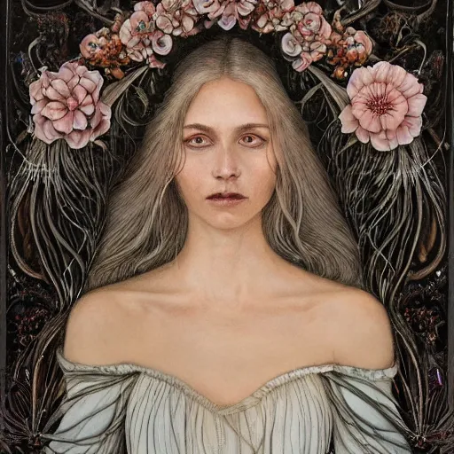 Prompt: facial portrait of a young pretty woman in flowing dress, arrogant, mysterious, long fine flowing hair, delicate, looking at camera, slightly awkward smile, realistic face, hands behind back, intricate, stylish, elegant, grimdark fantasy, flowers, extremely detailed painting by Martine Johanna and Ernst Haeckel and Greg Rutkowski