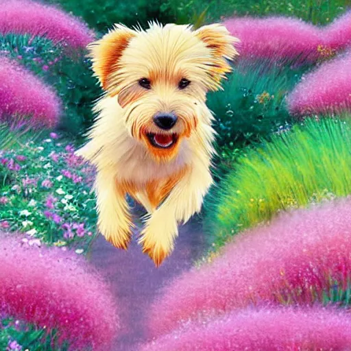 A blond Norfolk terrier running and jumping through a | Stable ...