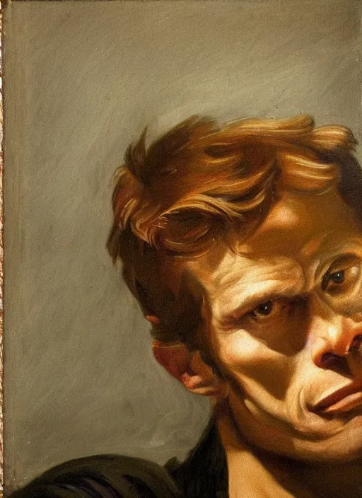 Image similar to portrait painting of 2 4 year old willem dafoe, renaissance oil painting, studious chiaroscuro