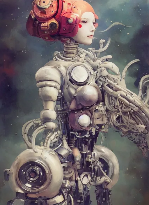 Image similar to surreal gouache painting, by yoshitaka amano, by ruan jia, by conrad roset, by good smile company, detailed anime 3d render of a female mechanical android, portrait, cgsociety, artstation, rococo mechanical costume and grand headpiece, dieselpunk atmosphere