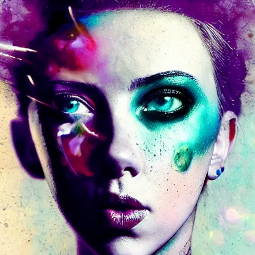 Image similar to drunken scarlett johansson as delirium from sandman, ( hallucinating colorful soap bubbles ), by jeremy mann, by sandra chevrier, by dave mckean and richard avedon and maciej kuciara, punk rock, tank girl, high detailed, green eye and blue eye, 8 k