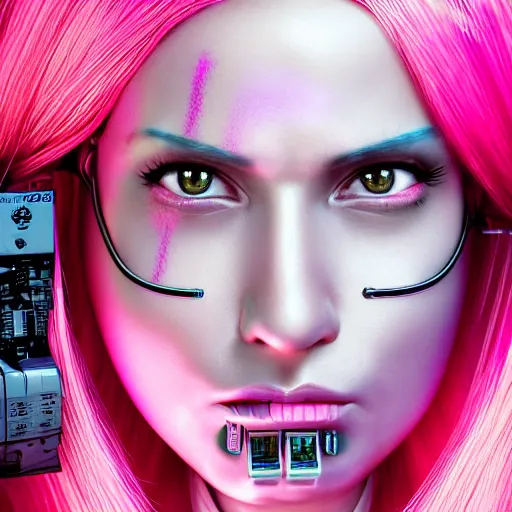 Image similar to portrait of a mexican woman with pink hair as a cyberpunk cyborg half robot, revealing wires and electronics, circuit boards, wire management, sci - fi, missing panels, intricate abstract upper body intricate artwork, concept art, octane render, deviantart, cinematic, key art, hyperrealism, iridescent accents, portrait photograph, nikon 3 5 mm, photograph by greg rutkowski