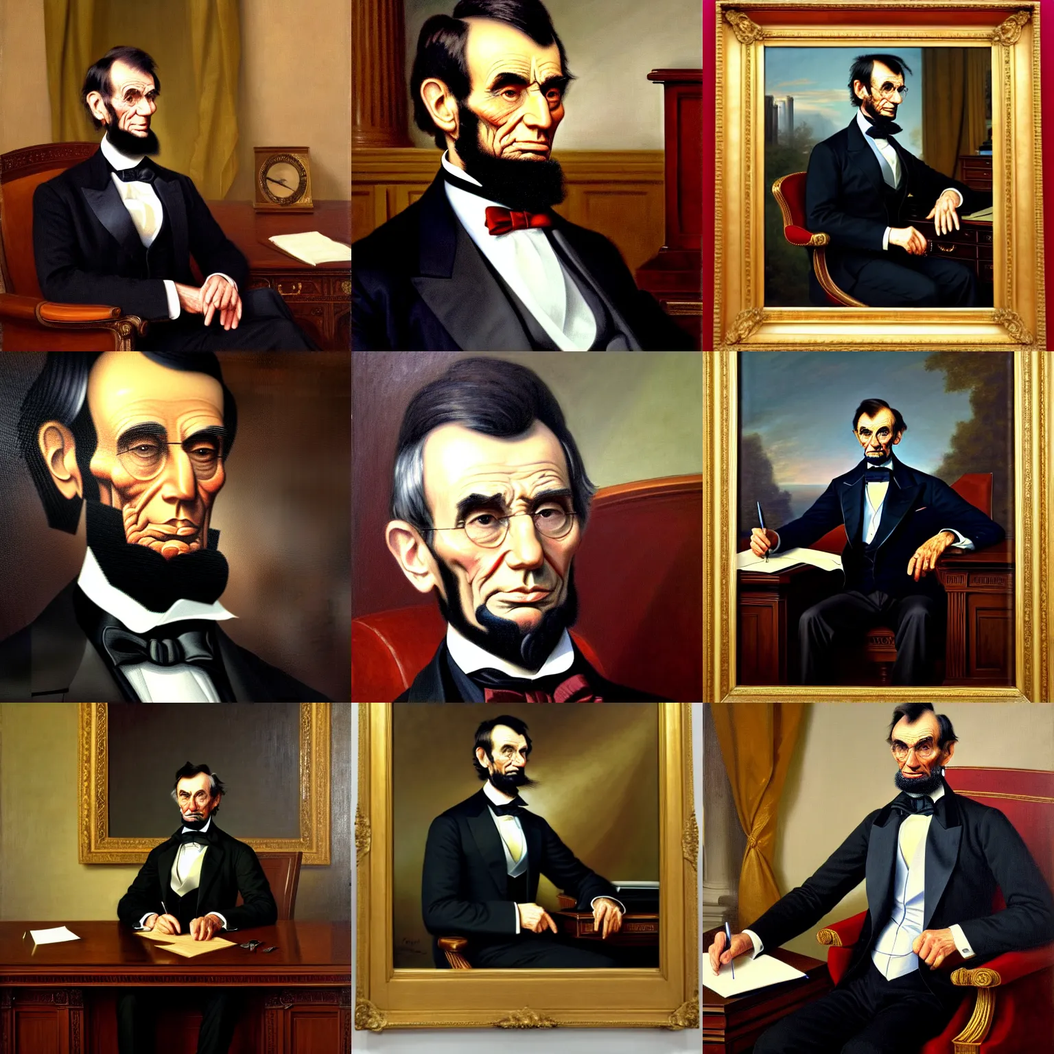 Prompt: portrait of the united states president, suit and tie, long tie, windsor knot, sitting at the resolute desk, he resembles abraham lincoln, oil on canvas by william sidney mount - 1 9 9 8, trending on artstation