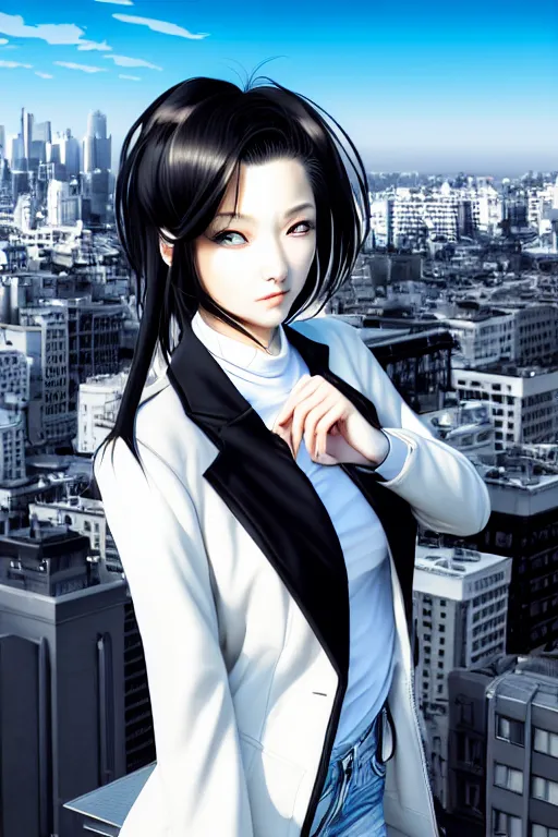 Prompt: extremely beautiful aesthetic girl with half black and half white jacket on the top of the city, full body, occlusion shadow, specular reflection, rim light, unreal engine, artgerm, artstation, art by hiroaki samura and jiro matsumoto and yusuke murata, high quality, intricate detailed 8 k, beautiful shape of face and body