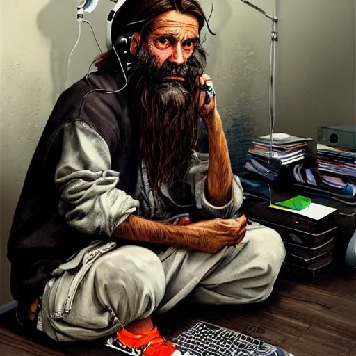 Image similar to homeless man hobo with long beard and long hair sitting at his computer in a white room asylum, headphones on head, his pet dog yorkshire terrier sitting beside him, pixar style, by tristan eaton stanley artgerm and tom bagshaw.