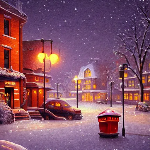 Prompt: town inspired by Evgeny Lushpin,winter,nighttime,post box,cinematic,art station