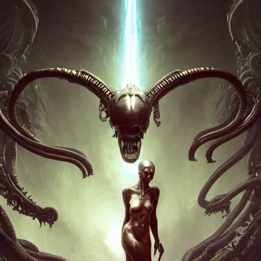 Image similar to An attractive beautiful xenomorph, fullbody, intricate, horror, highly detailed, artstation, cosmic crystals, black hole, concept art, smooth, sharp focus, illustration, art by greg rutkowski and orientalism and bouguereau and Zdzislaw Beksinski, good clear quality, lighting, biology, symmetrical artwork, perfect face, 135 mm, cinematic, hyper realism, high detail, octane render, 8k, chrome accents