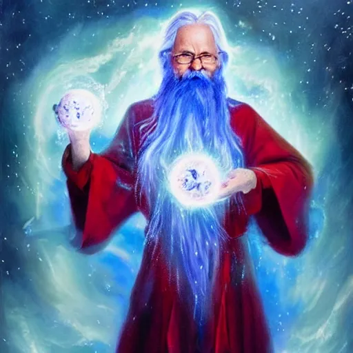 Image similar to a wizard holding an orb of frost in one hand and an orb of fire in the other, blue robes, red background, symmetrical, long white hair, long white beard, realistic painting