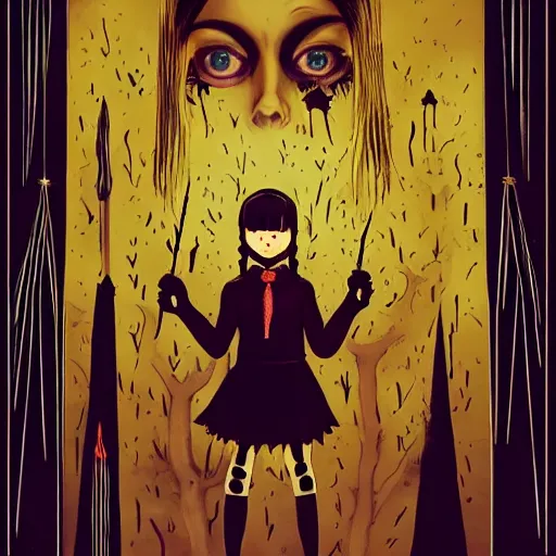 Prompt: Wednesday Addams casting dark magic, gothic art, popping color, detailed, eerie, emotional, gothic, highly detailed, incredibly sharp focus, Artstation, deviantart, artgem, insane detail, intense color, vibrant cartoon art, award-winning art, French comic art, 8k, super precise detail, golden ratio, in the style of Heavy Metal Comics