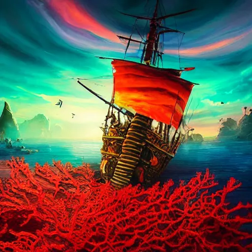 Prompt: pirate ship made of sea coral, beautiful composition, wide angle, colorful, cinematic, volumetric lighting, intricate details painting