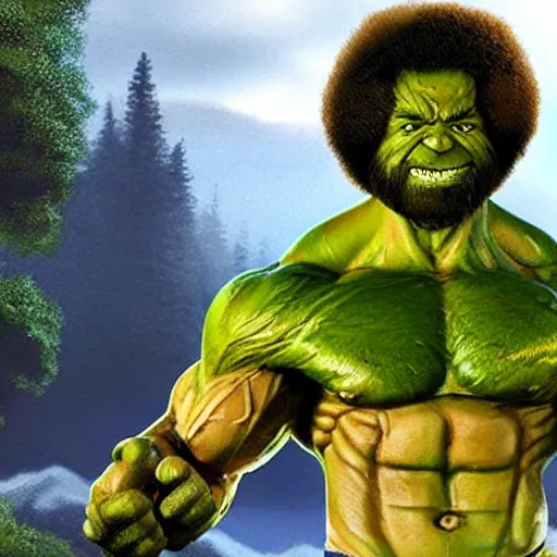 Image similar to photomanipulation of BOB ROSS as hulk with human flesh, marvel, fully detailed, volumetric lightening, octane render, 8k, masterpiece, epic composition