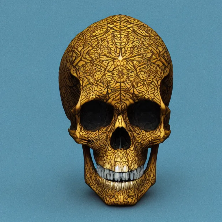 Image similar to hyperrealistic 3 d render skull, the skull is decorated with art deco patterns, hyperrealistic, volumetric lighting, ultra detailed, elegant, octane render, blue and gold, 8 k, trending on artstation, unreal engine