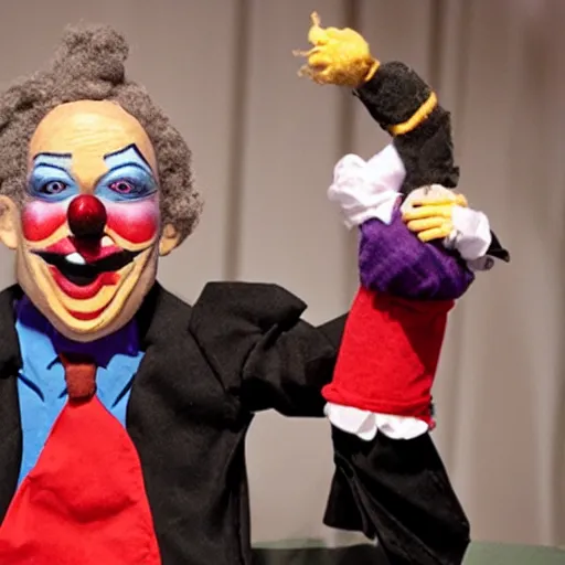 Image similar to mad puppeteer using marionette of a president with clown makeup in a podium