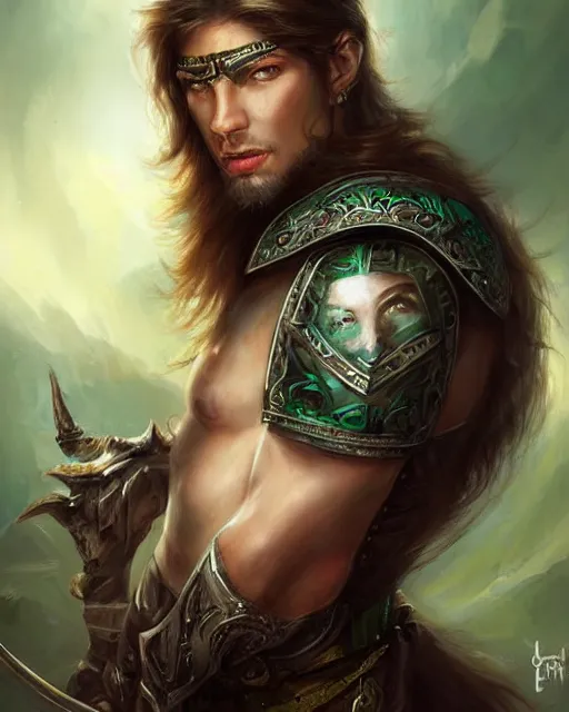 Image similar to a beautiful male warrior, perfect face with green eyes, 8 k, hyperrealistic, hyperdetailed, amazing ratio, fantasy portrait by laura sava