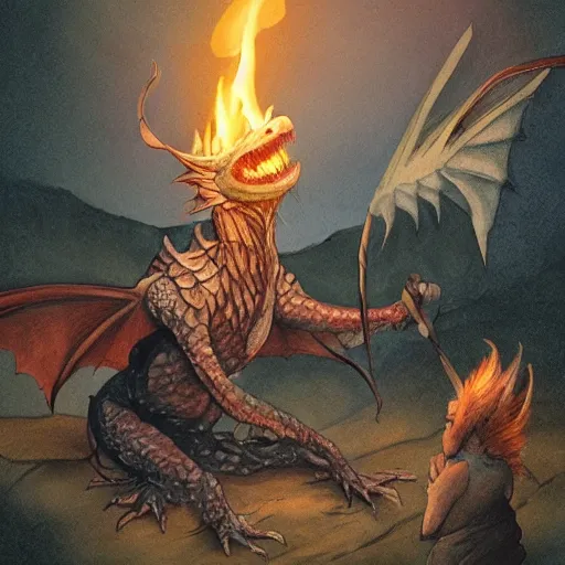 Prompt: wingless dragon telling a story around a campfire, in the style of brian froud