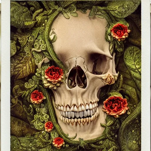 Image similar to a beautiful detailed front view rococo portrait of a rotten woman corpse becoming almost a skull with fractal plants and fractal flowers and mushrooms growing around, intricate, ornate, volumetric light, beautiful lit, polaroid photography, the northman