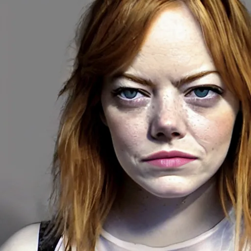 Image similar to Emma Stone homeless mugshot portrait. Faces of Meth.