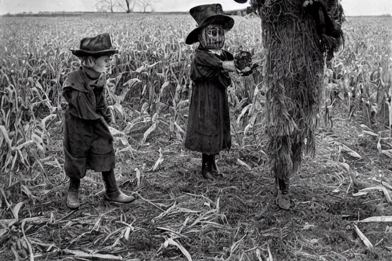 Prompt: disturbing scarecrow from the early 1 9 0 0's leading children into the cornfields