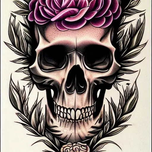 Prompt: neo traditional american tattoo design, tattoo art, by jeff gogue of a skull, highly detailed, beautiful colors, beautiful light, exquisite