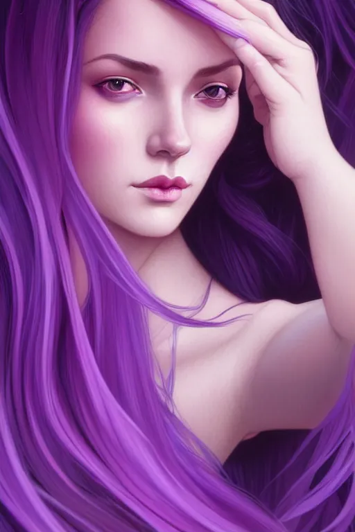 Image similar to Purple hair, creative colouring Portrait of woman face profile, fashion, coloured strands of hair, intricate, elegant, highly detailed, digital painting, artstation, concept art, smooth, sharp focus, illustration, art by artgerm and greg rutkowski and alphonse mucha, 8k