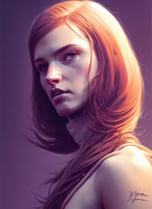 Image similar to hyper - realistic portrait of a female hunter, symmetrical face and body, symmetrical composition, dynamic wavy hair, detailed designs, digital painting, 4 k, by ilya kuvshinov, by greg rutkowski, atmospheric lighting