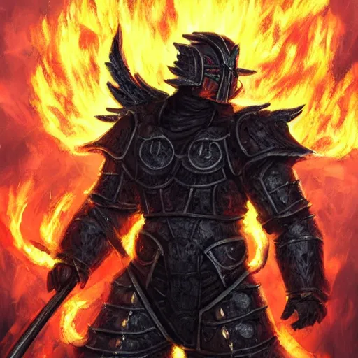 Image similar to a man in black-crystal armor surrounded by flames wielding a battle-axe made of black crystals. ,D&D, sci-fi, elegant, hopeful, muscular, highly detailed, digital painting, artstation, concept art, smooth, sharp focus, illustration