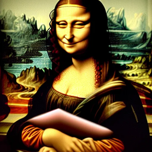 Prompt: Mona Lisa painting holding a mossberg shotgun. Photoreal