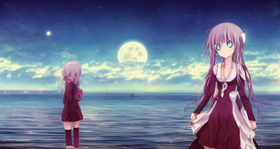 Prompt: one anime girl standing on a pier with the ocean as background at twilight, her blue shiny detailed eyes are looking at the camera, cute, big moon above the water, colorful, magical, detailed face, 8k, based on Puella Magi Madoka Magica