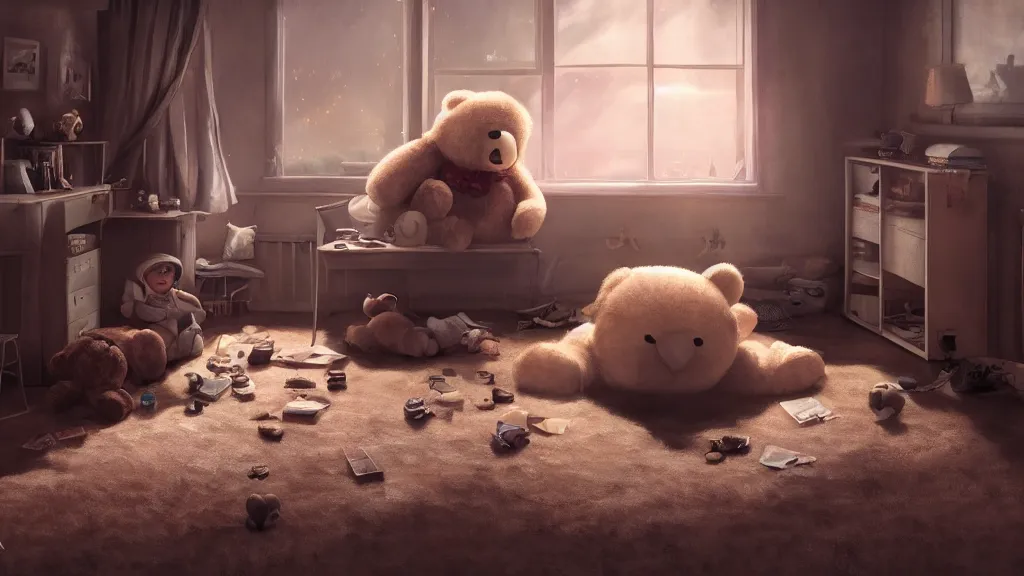 Image similar to a Photorealistic hyperrealistic render of an interior of a spoiled child's beautiful bedroom with a giant teddy bear sitting on the floor by PIXAR,Greg Rutkowski,WLOP,Artgerm,dramatic moody sunset lighting,long shadows,Volumetric, cinematic atmosphere, Octane Render,Artstation,8k