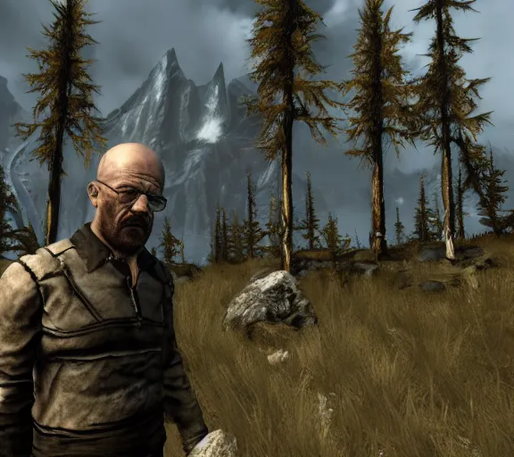 Prompt: walter white in skyrim, dialogue interaction, videogame screenshot, detailed, clean, symmetry, skyrim graphics