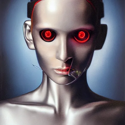 Image similar to hyperrealism oil painting portrait of robot cyborg fashion model with glowing eyes