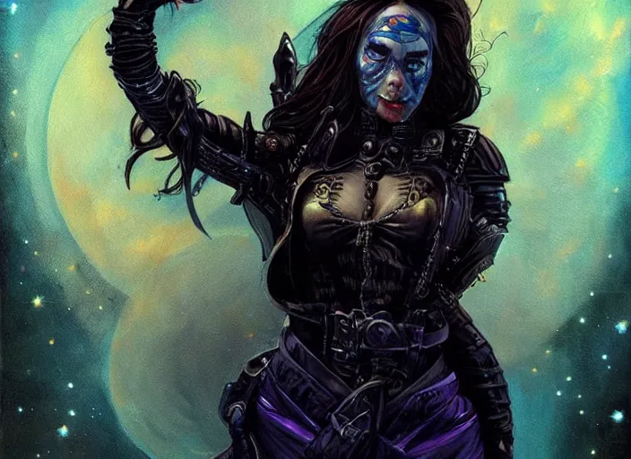 Image similar to portrait of female space pirate, night sky background, beautiful! coherent! by brom, deep color, strong line, high contrast