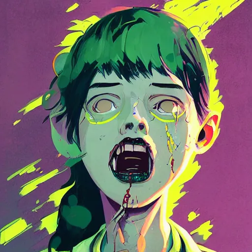Image similar to Highly detailed portrait of a punk zombie young lady by Atey Ghailan, by Loish, by Bryan Lee O'Malley, by Cliff Chiang, inspired by image comics, inspired by graphic novel cover art !!!Yellow, green, black and purple color scheme ((dark blue moody background))