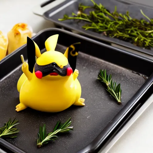 Image similar to roasted spatch pikachu in a baking tray with rosemary and thyme, cooking oil, steam, charred, ready to eat, electric sparks