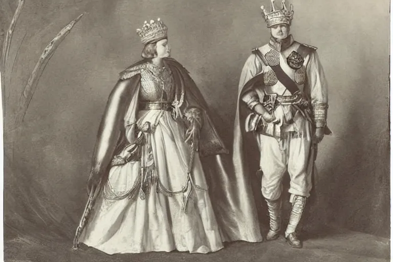 Prompt: a woman dressed as a male king in military attire, with a very feminine queen