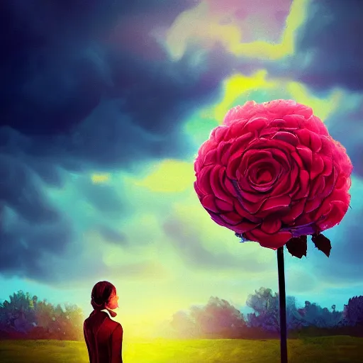 Prompt: closeup, giant rose flower head, frontal, girl in a suit, surreal photography, sunrise, blue sky, dramatic light, impressionist painting, digital painting, artstation, simon stalenhag