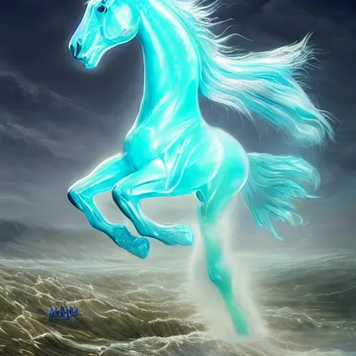 Prompt: a fantastical transparent small turquoise spirit horse made of water and foam, splashing water, translucent, ethereal, noble, radiant, hyperalism, scottish folklore, digital painting, artstation, concept art, smooth, 8 k frostbite 3 engine, ultra detailed, art by artgerm and greg rutkowski and magali villeneuve