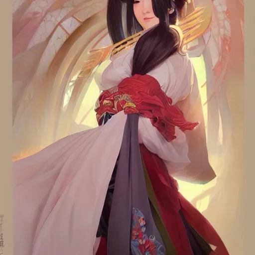 Image similar to ahri wearing a hanbok!!!, attractive, modern, victoria's secret, highly detailed, digital painting, artstation, concept art, smooth, sharp focus, illustration, art by artgerm, greg rutkowski and alphonse mucha