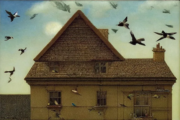 Prompt: a house with birds flying on too of it, insanely detailed, Michael Sowa