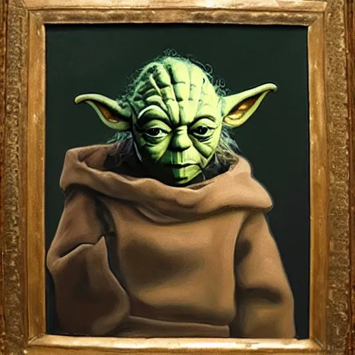 Prompt: a portrait painting of yoda from star wars in a renaissance style hanging in the louvre