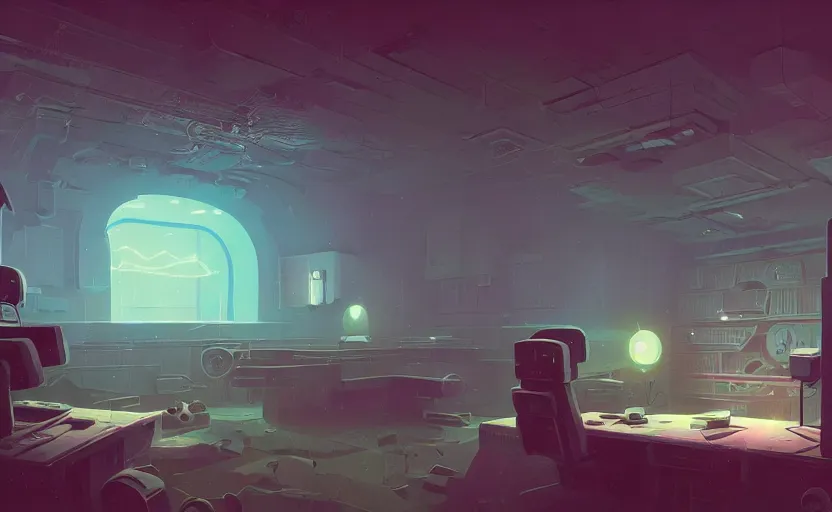 Prompt: Interior shot of a secret mysterious war room by Petros Afshar and Beeple, James Gilleard, Mark Ryden, Wolfgang Lettl highly detailed