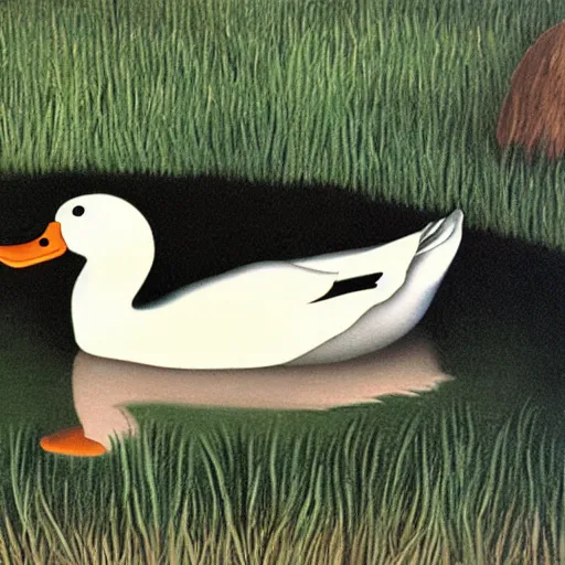 Prompt: a duck on the prowl oil painting robert gober