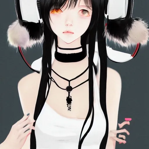 Image similar to realistic beautiful gorgeous natural cute Blackpink Lalisa Manoban black hair cute fur black cat ears, wearing white camisole, headphones, black leather choker artwork drawn full HD 4K highest quality in artstyle by professional artists WLOP, Taejune Kim, Guweiz on Pixiv Artstation